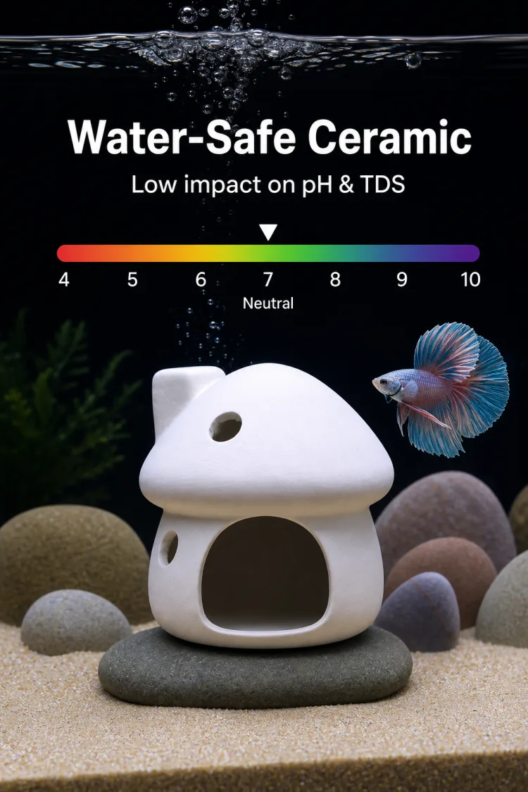 White ceramic aquarium pot hide with arrows showing porous surface airflow