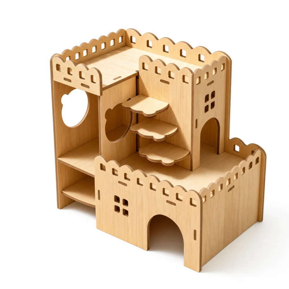 Natural wood mini castle hamster hideout with arched entrance and window cutouts 7