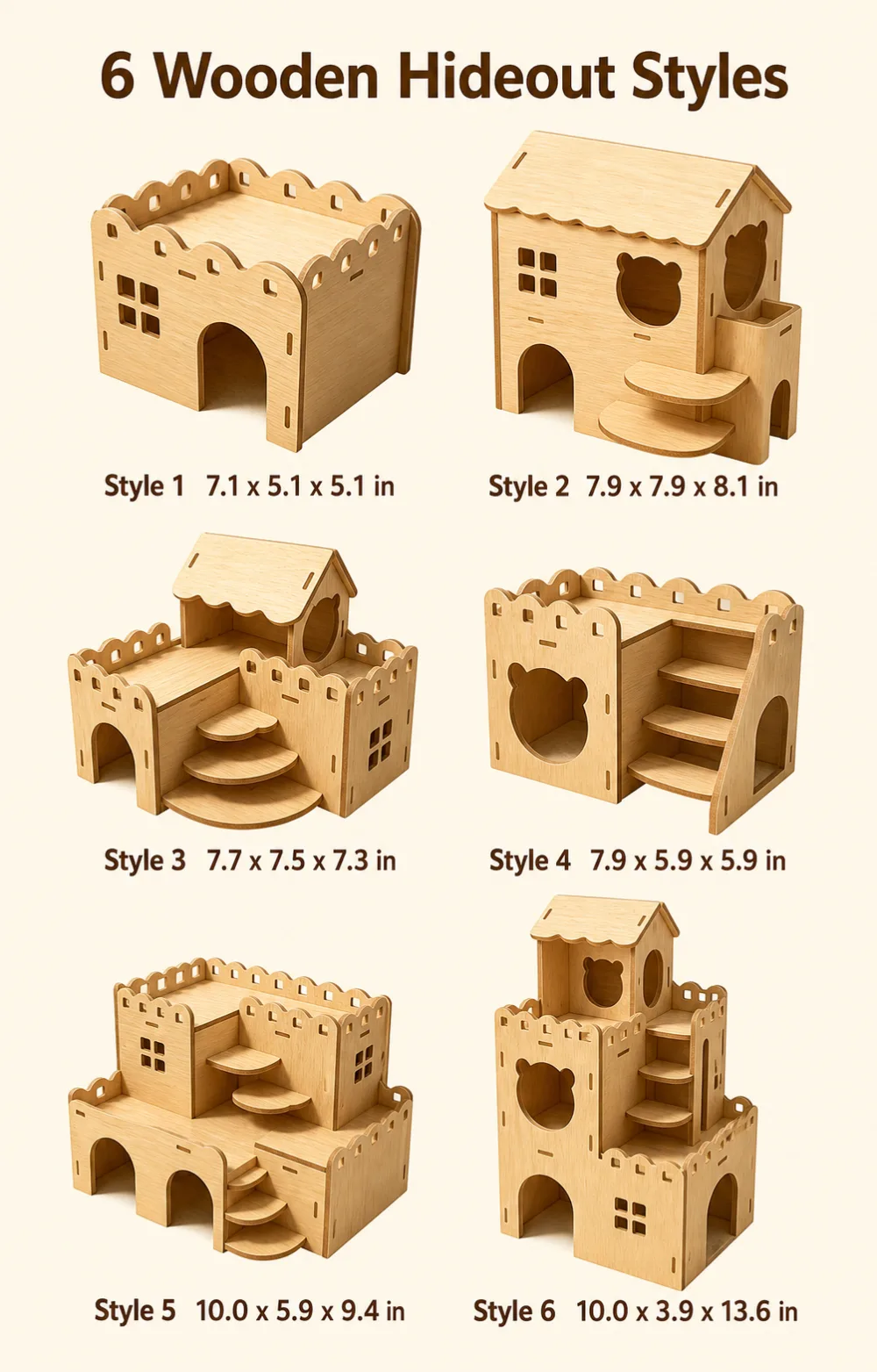 Natural wood mini castle hamster hideout with arched entrance and window cutouts 8