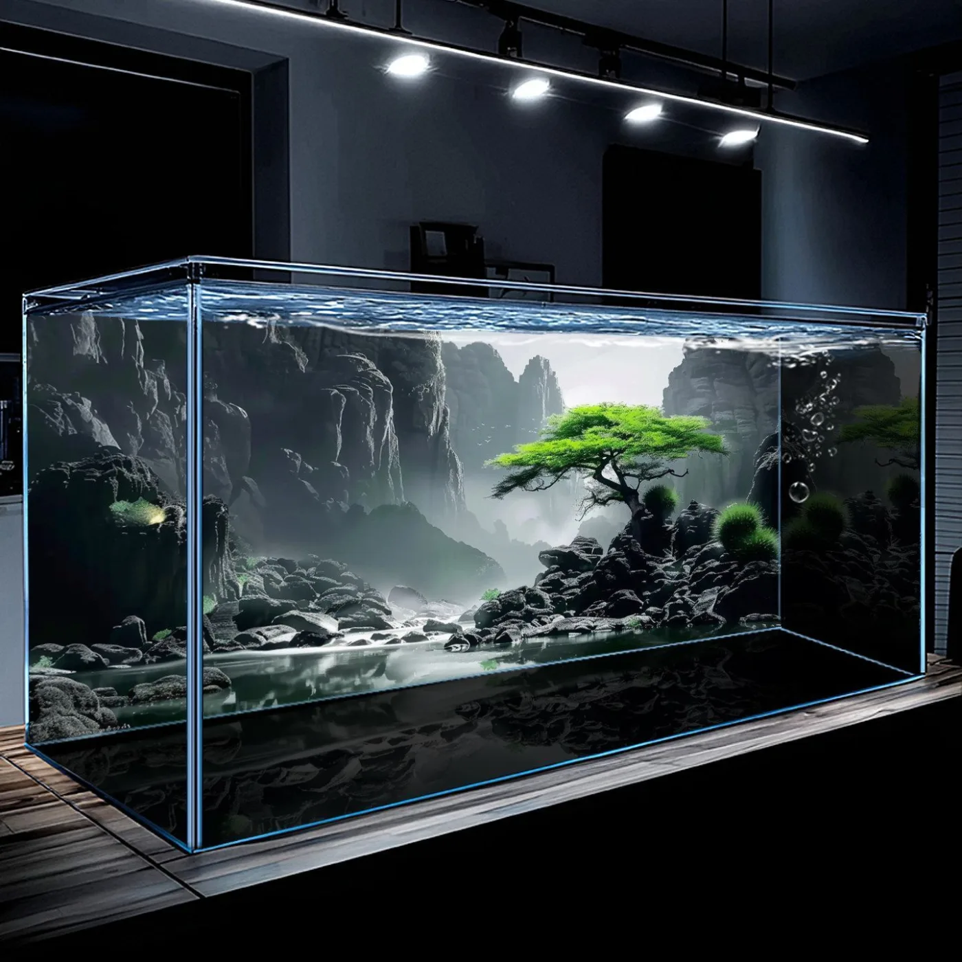 Pine trees and rocky mountains aquarium background poster, design A01, 3.9 x 3.9 in 5
