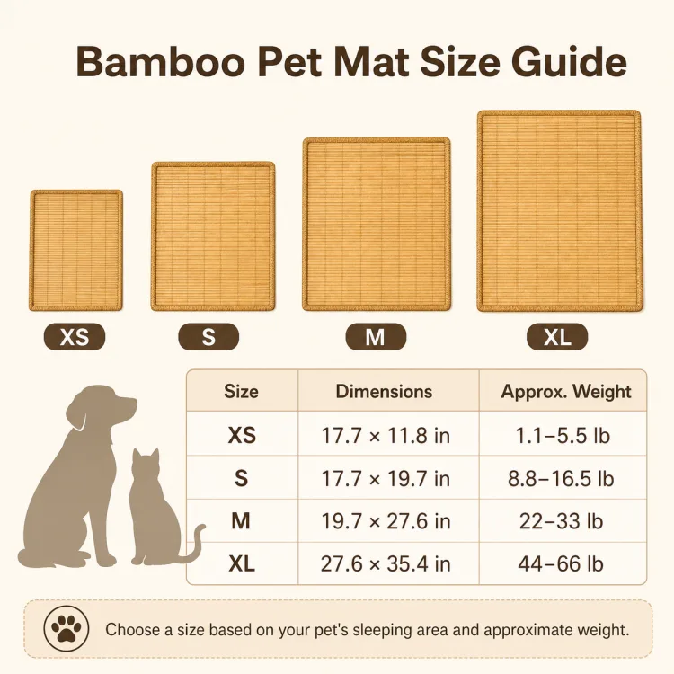 Bamboo pet mat size guide showing XS, S, M, and XL dimensions and approximate pet weights