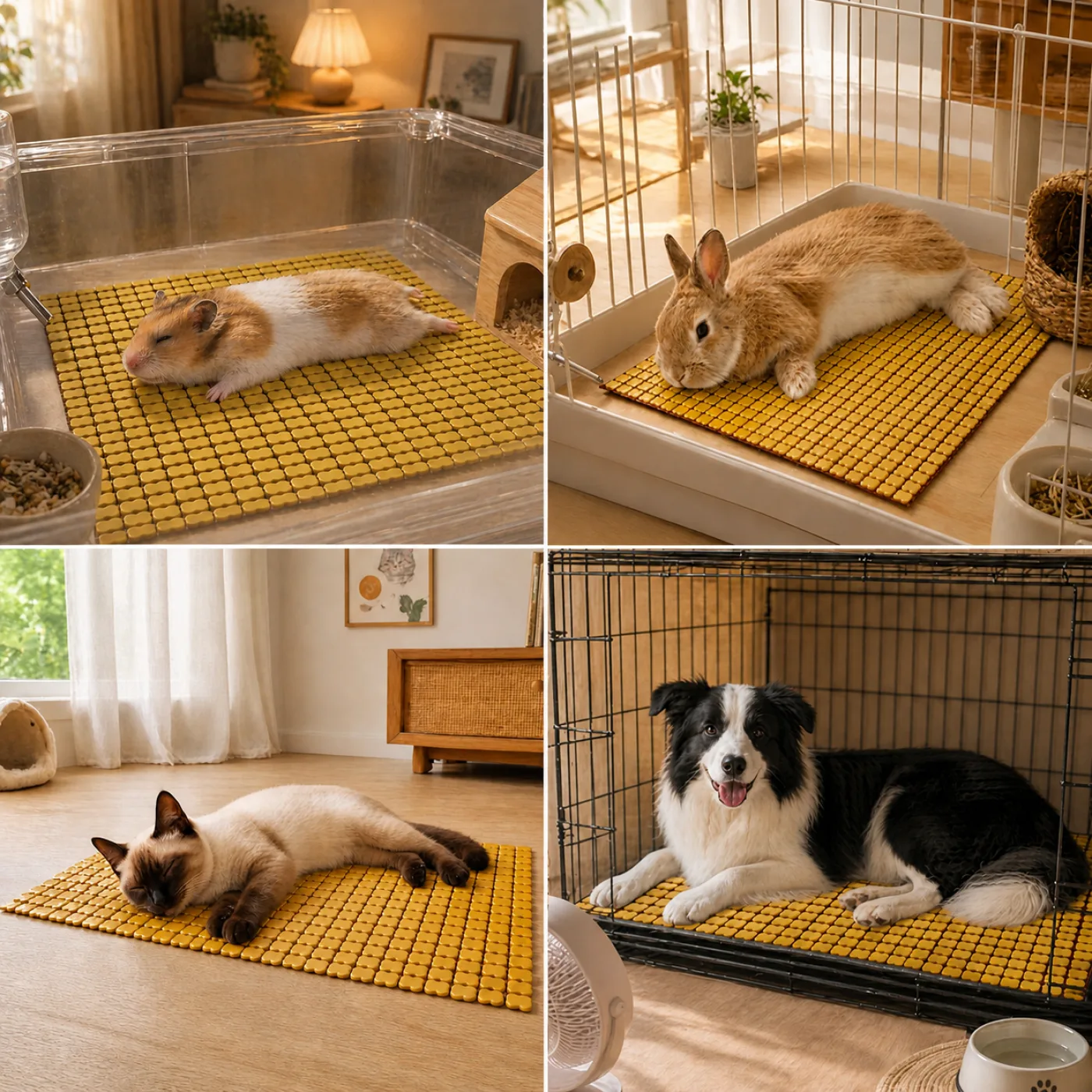 Light yellow bamboo pet mat used by a hamster, rabbit, cat, and dog in four home scenes