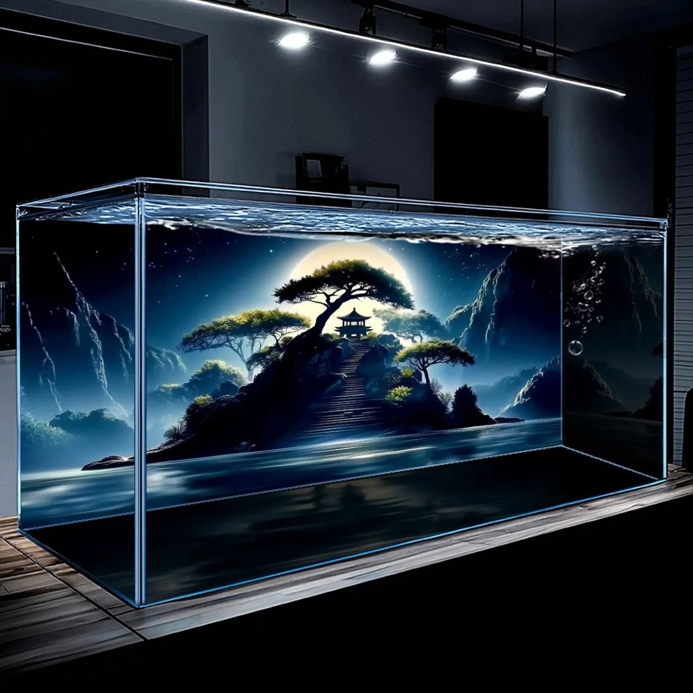 Pine trees and rocky mountains aquarium background poster, design A01, 3.9 x 3.9 in 26