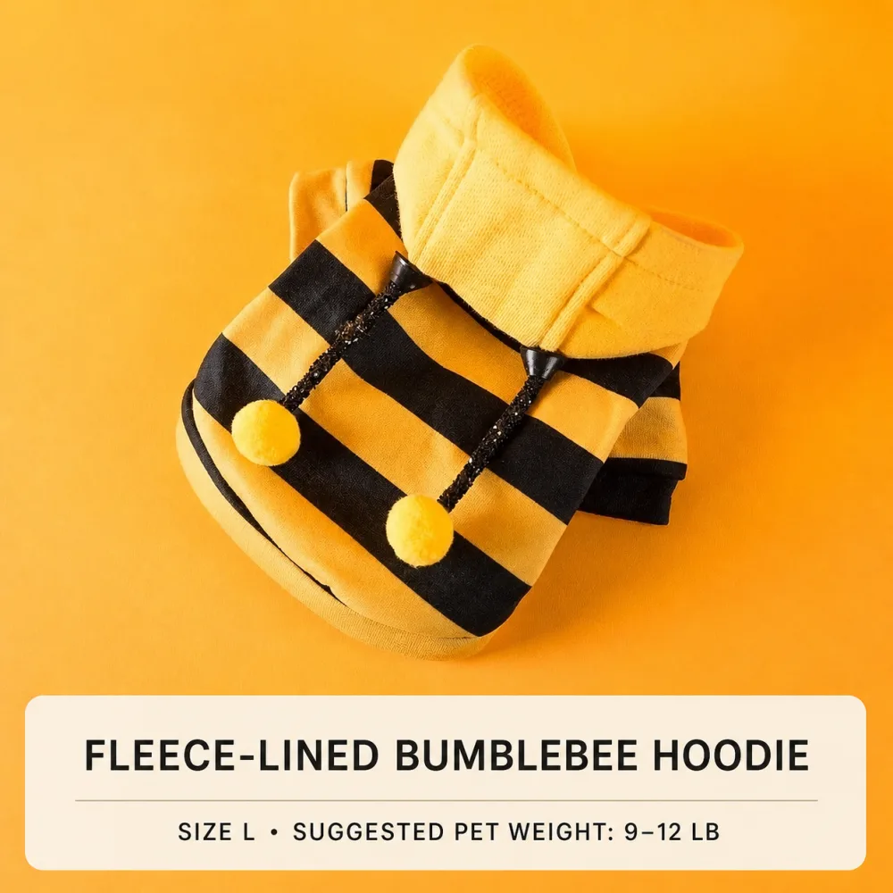 Fleece-lined yellow and black bumblebee pet hoodie in size L for cats and small dogs
