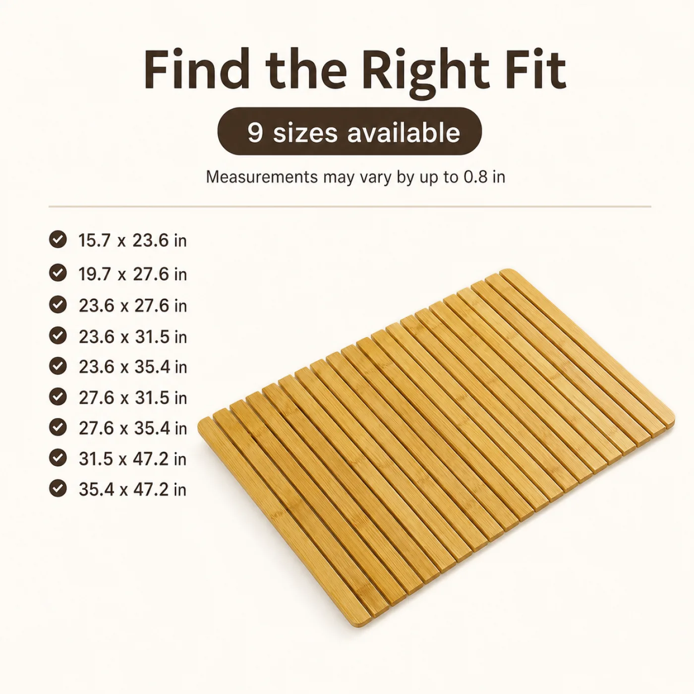 Size guide for bamboo pet cooling pad showing nine available sizes