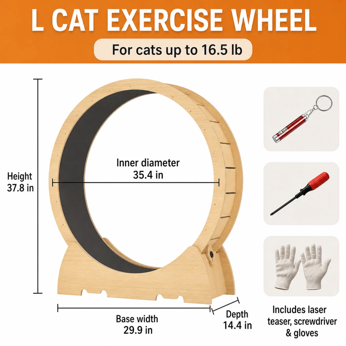 L cat exercise wheel size guide showing 37.8-inch height and 35.4-inch inner diameter
