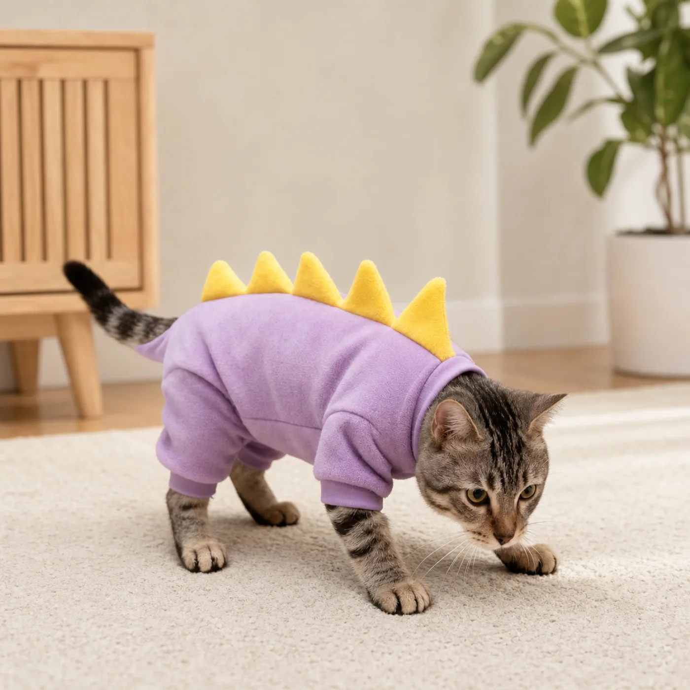Gray tabby cat stretching in a light blue dinosaur pet jumpsuit with pink back spikes 3