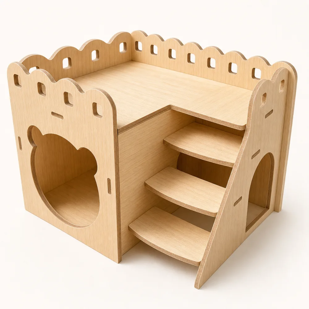 Natural wood mini castle hamster hideout with arched entrance and window cutouts 5