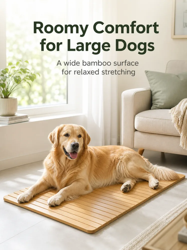 Large dog resting on a bamboo cooling pad on the floor