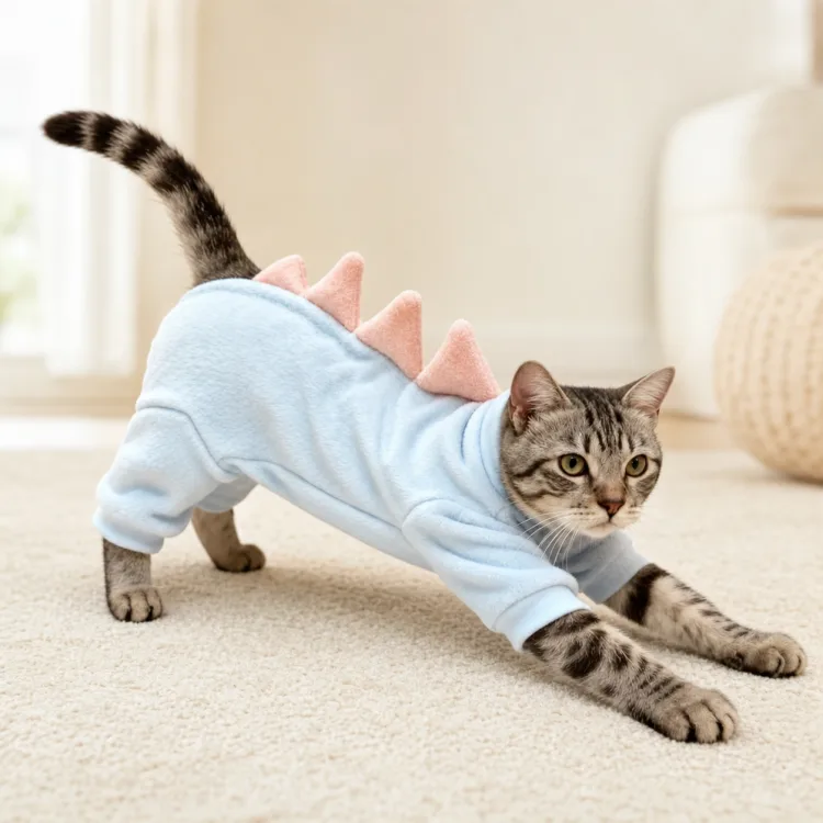 Gray tabby cat stretching in a light blue dinosaur pet jumpsuit with pink back spikes