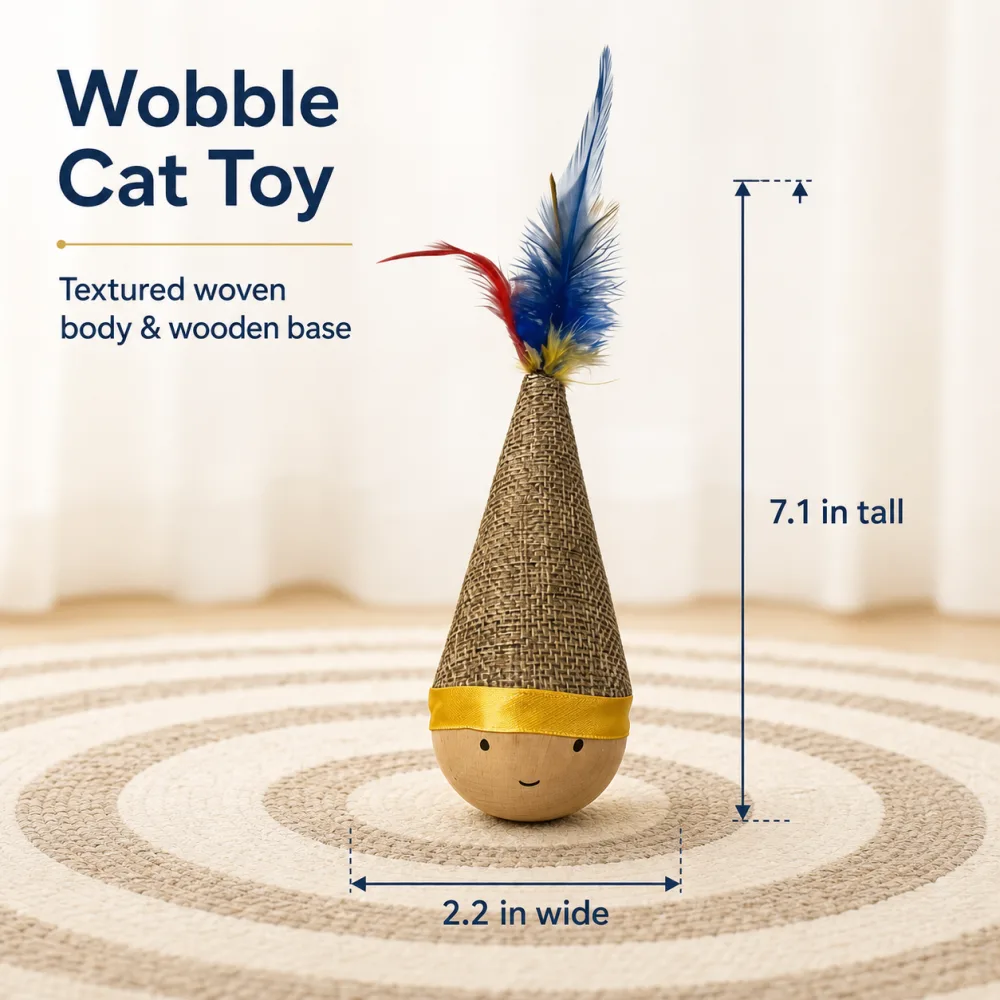 Tabby cat playing with a wobble cat toy with colorful feather teaser and wooden base 3