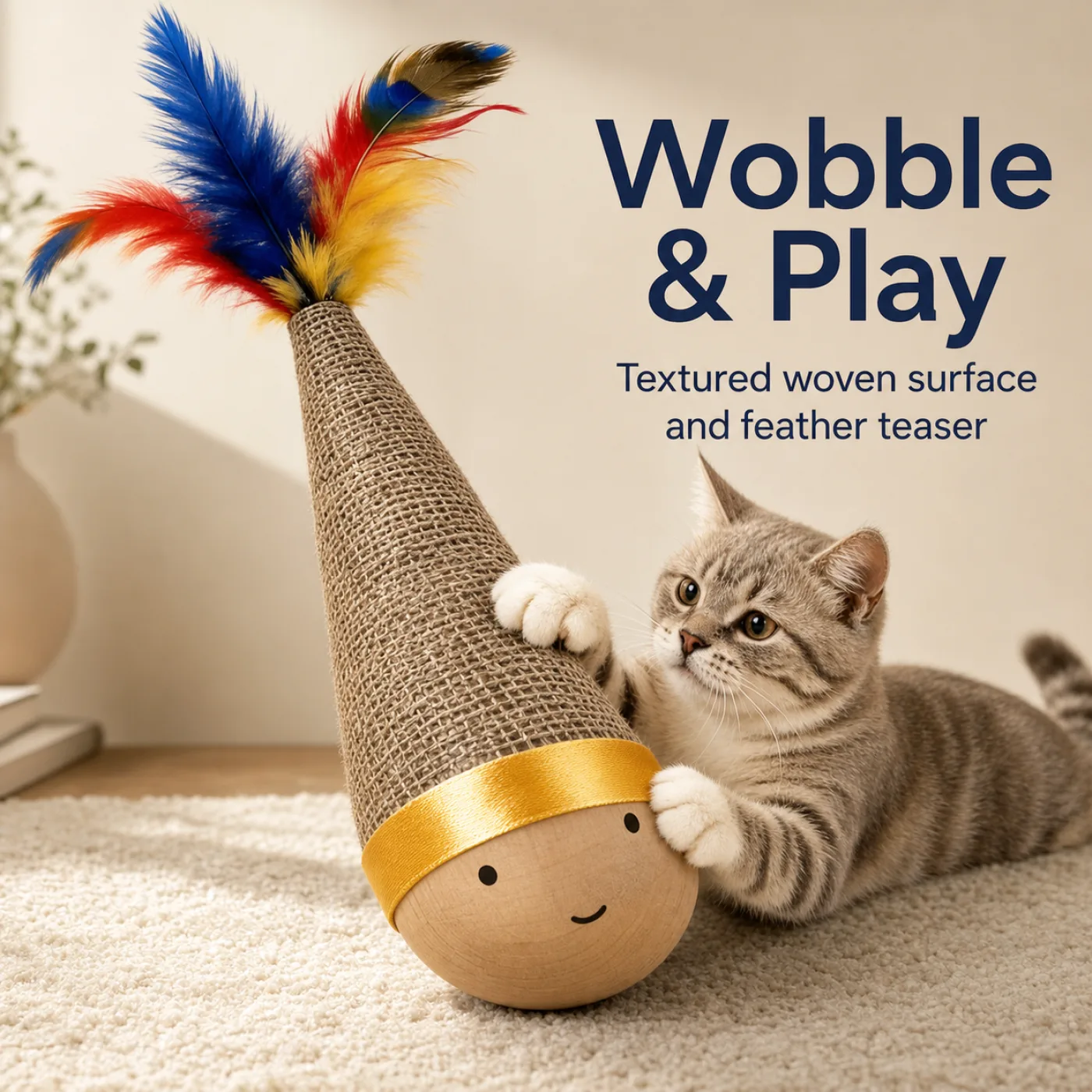 Tabby cat playing with a wobble cat toy with colorful feather teaser and wooden base