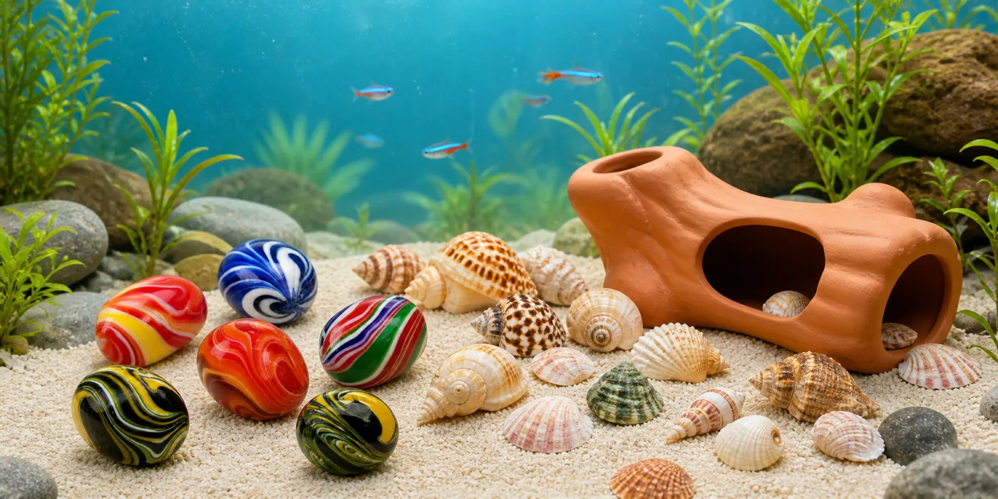 Natural seashells, and a terracotta fish cave