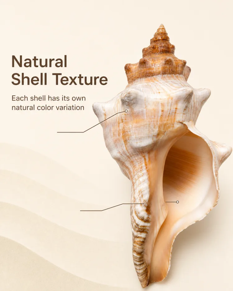 Spiral shell-style decor infographic showing textured detail and a wide opening