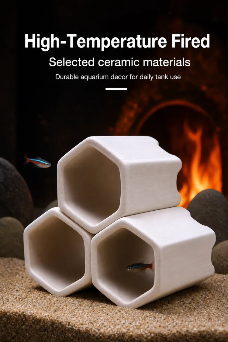 Infographic showing ceramic aquarium caves styled in three different tank layouts