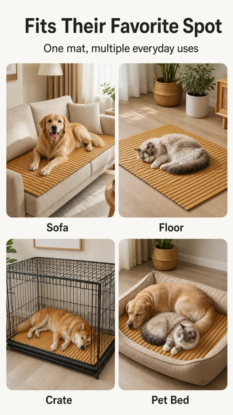 Bamboo pet cooling pad used on a sofa, floor, crate, and pet bed