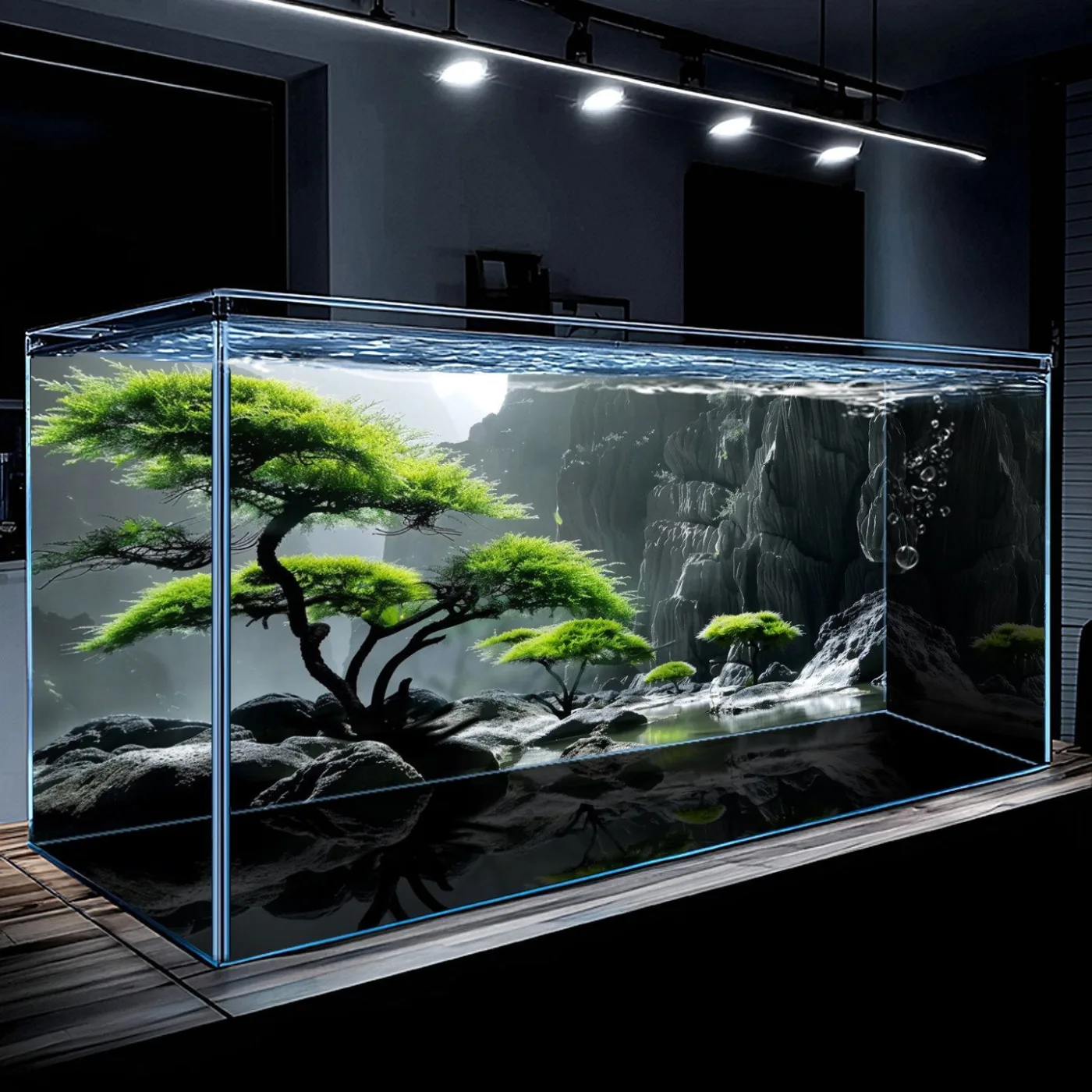 Pine trees and rocky mountains aquarium background poster, design A01, 3.9 x 3.9 in 2