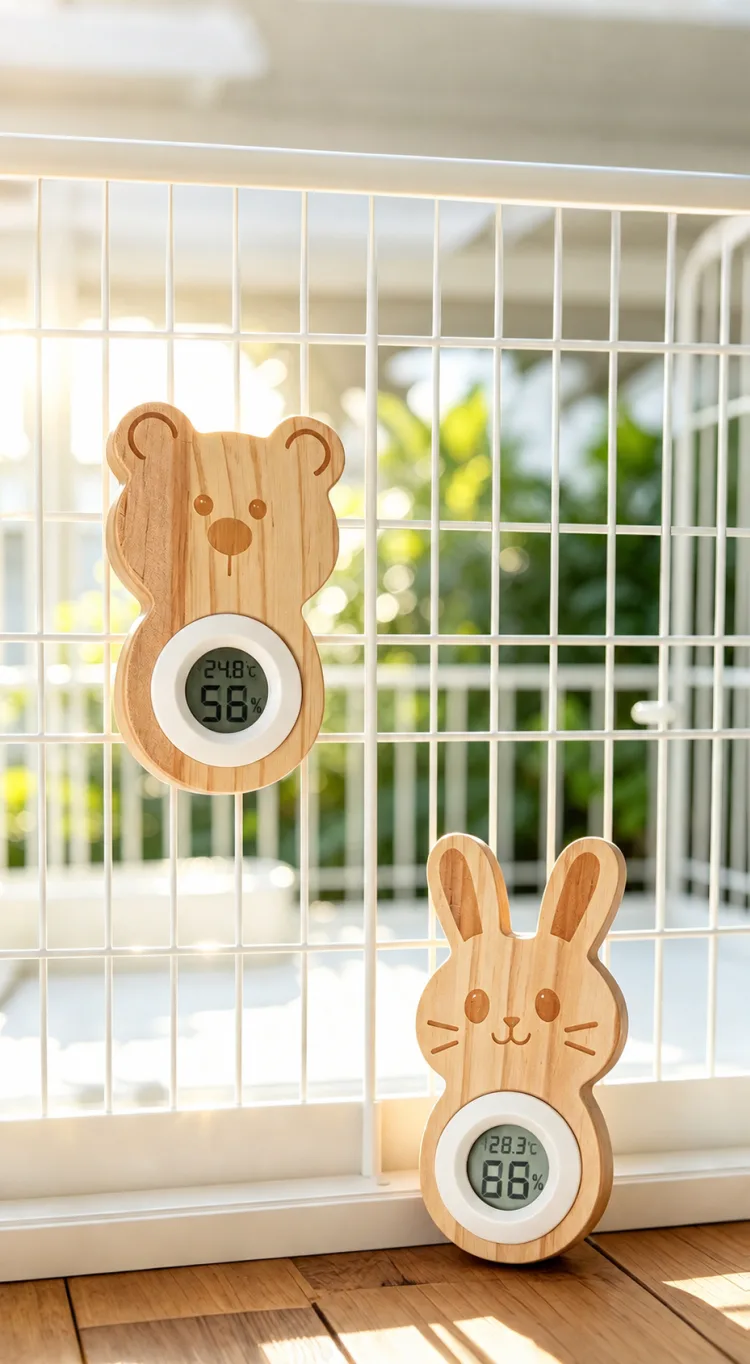 Bear and rabbit wooden temperature and humidity monitors in a sunlit white wire pet cage