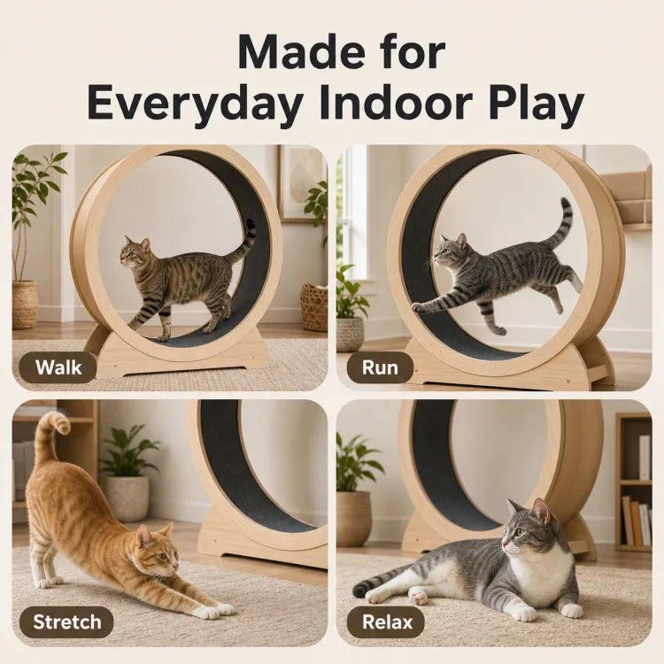 Indoor cat exercise wheel showing cats walking, running, stretching, and resting at home