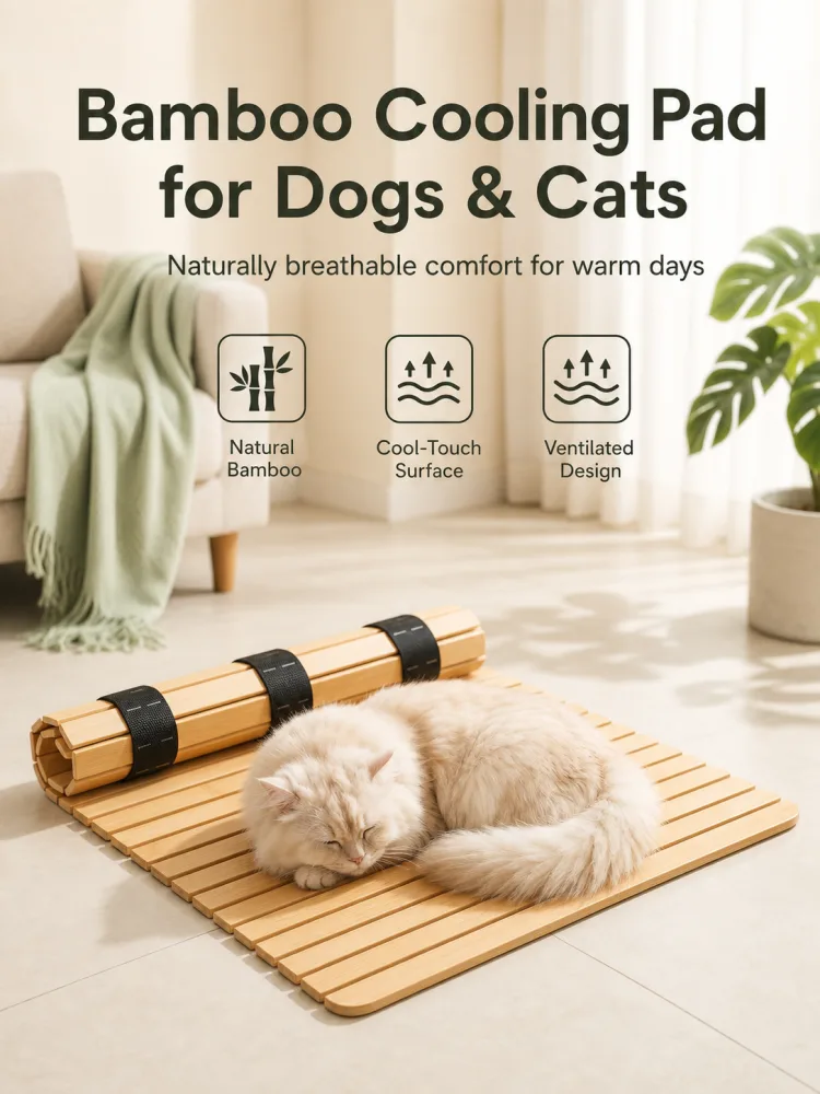 Cat resting on a rolled and unrolled bamboo cooling pad indoors