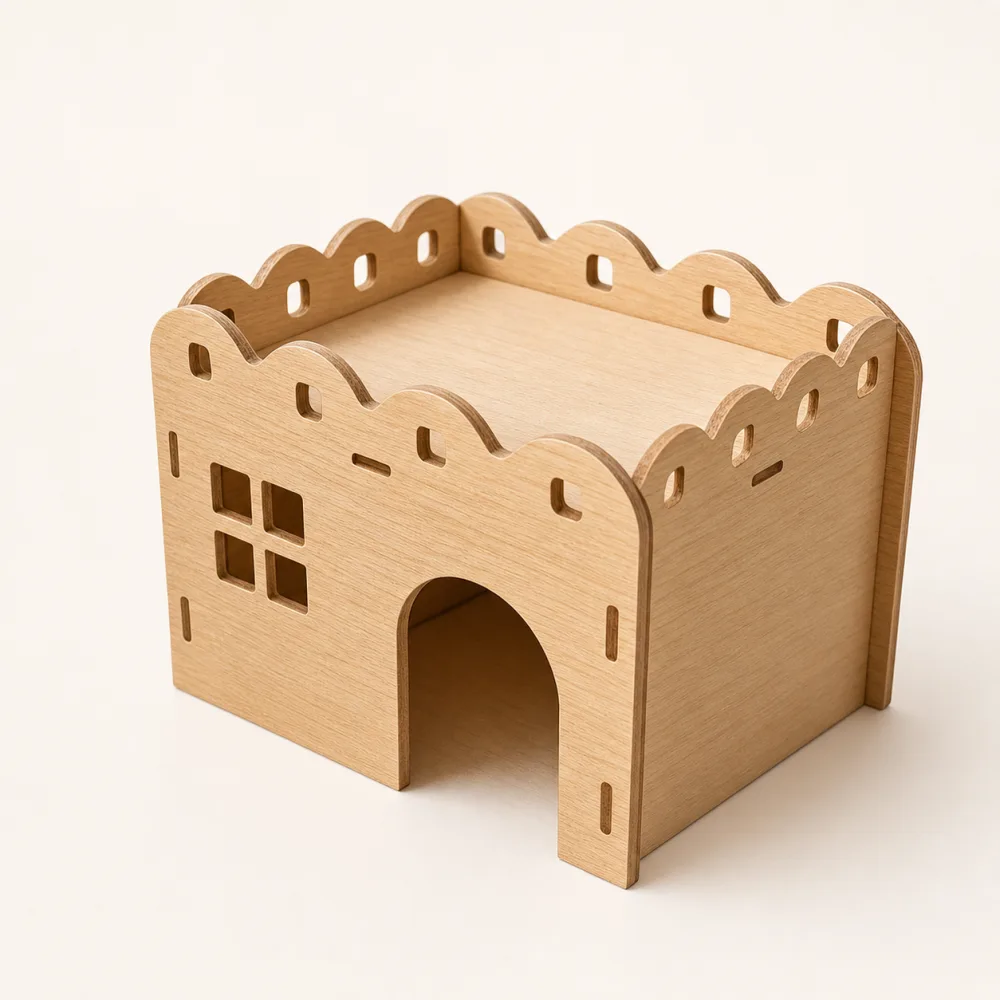 Natural wood mini castle hamster hideout with arched entrance and window cutouts