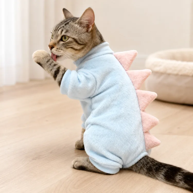 Side view of a gray tabby cat in a light blue dinosaur jumpsuit with pink back spikes