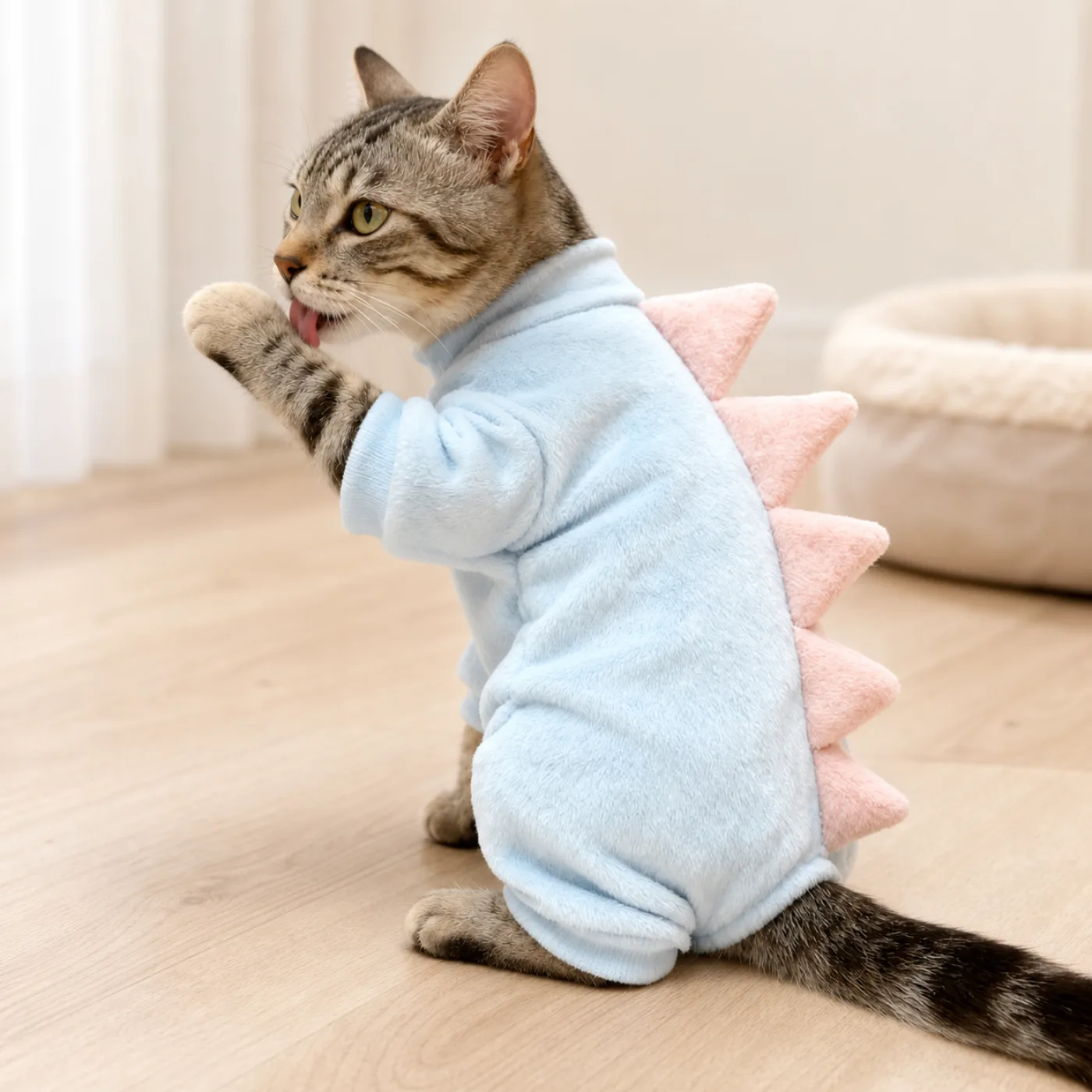 Gray tabby cat stretching in a light blue dinosaur pet jumpsuit with pink back spikes 2