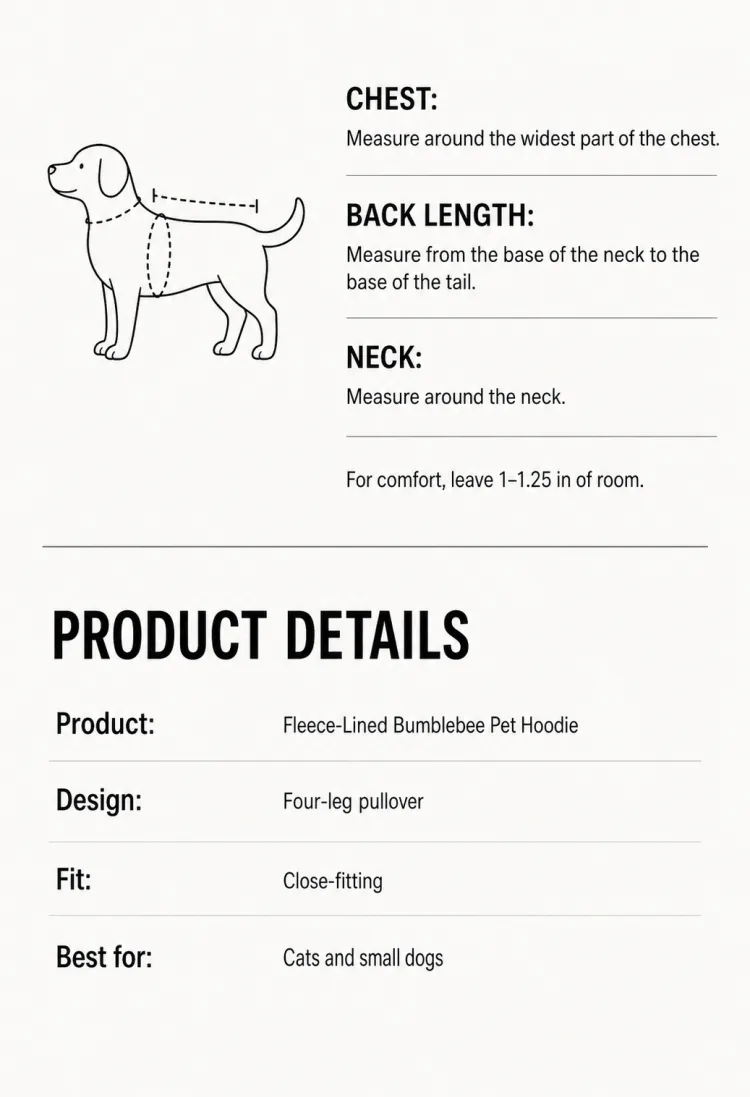 Product details and pet measurement guide for a fleece-lined bumblebee pet hoodie