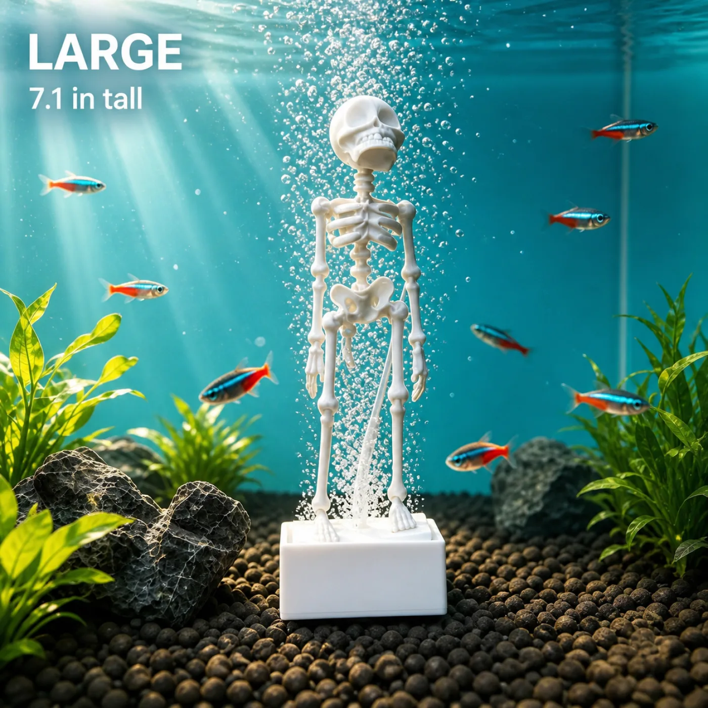Large dancing skeleton aquarium bubbler on a white base with bubbles, labeled 7.1 in tall