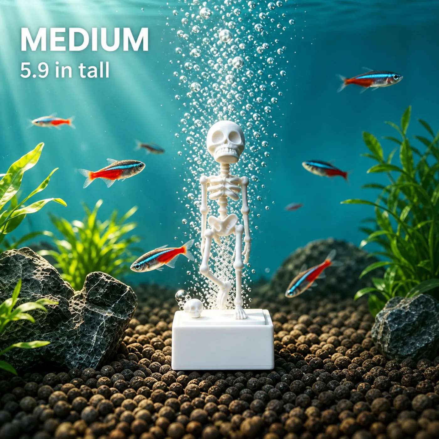 Large dancing skeleton aquarium bubbler on a white base with bubbles, labeled 7.1 in tall 2
