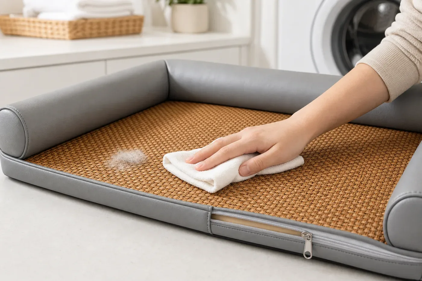 Hand wiping fur from the woven mat surface of a gray pet sofa bed
