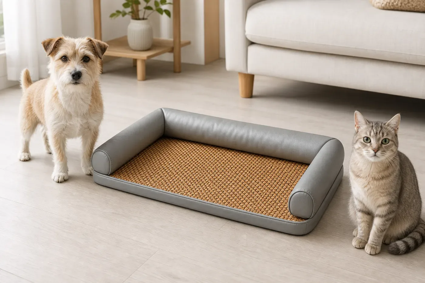 Gray pet sofa bed with woven mat for cats and small dogs in a living room