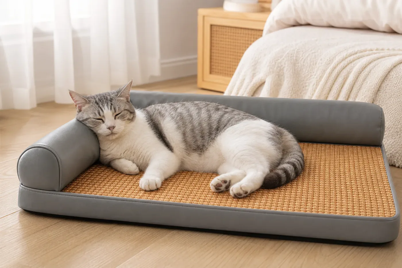 Gray tabby cat sleeping on a gray pet sofa bed with woven mat