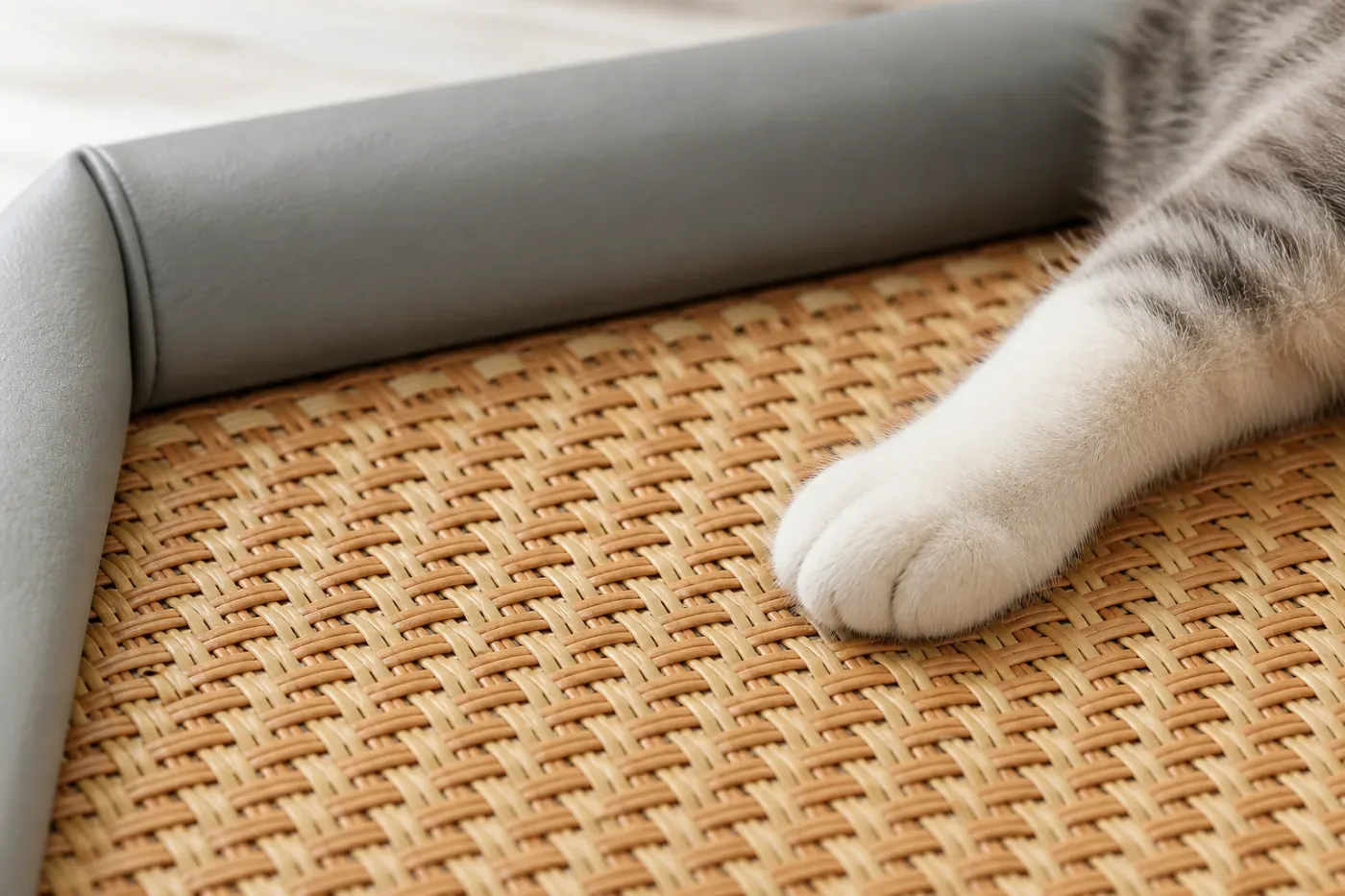 Close-up of cat paw on the woven mat surface of a gray pet sofa bed