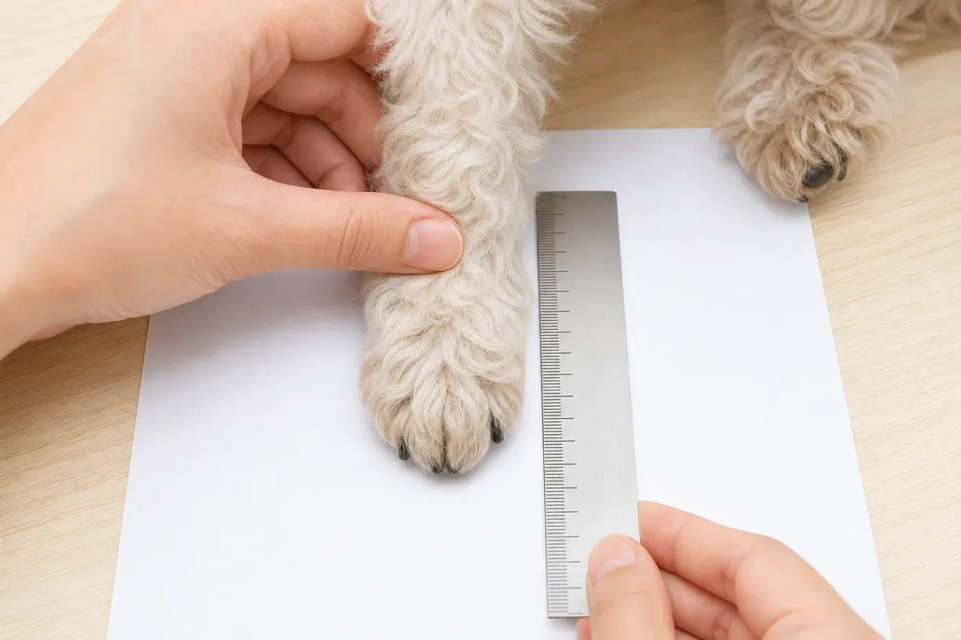 Take a ruler to measure the length of the puppy's paw pad