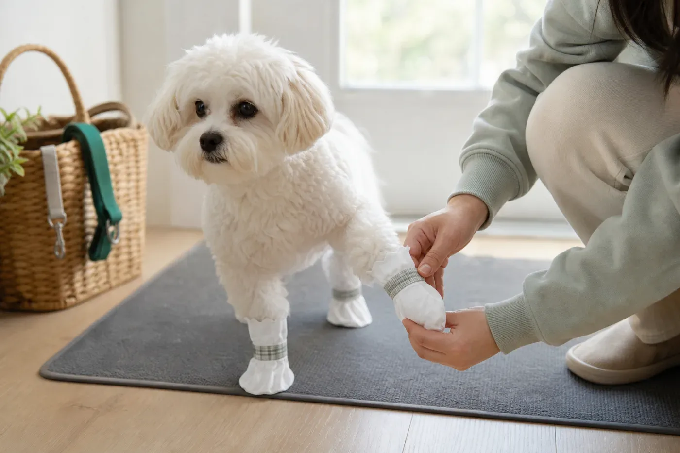 Owner putting disposable paw covers on a small white dog indoors