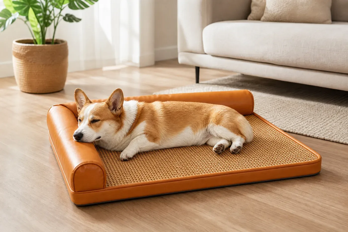 Corgi sleeping on a tan pet sofa bed with woven mat in a living room