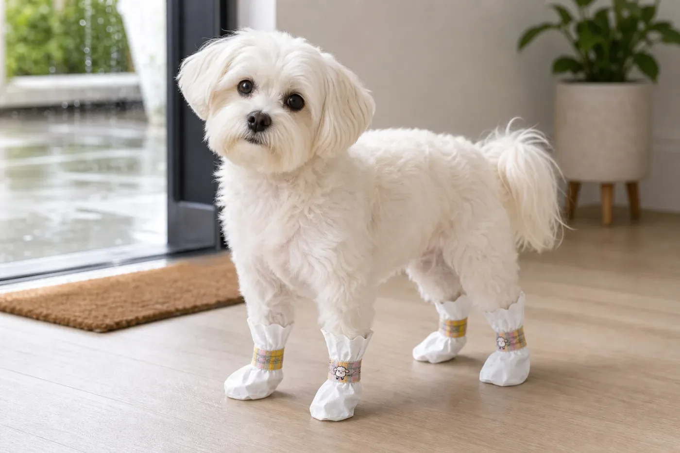 A disposable white paw cover with a strap for a small white dog