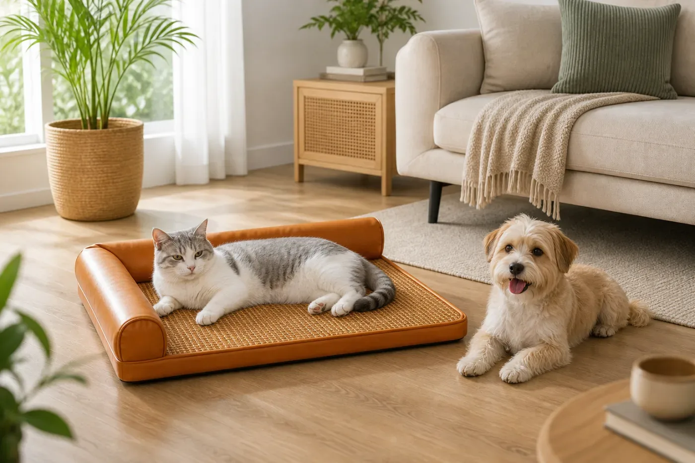 Cat and small dog using a tan pet sofa bed with woven mat in a living room